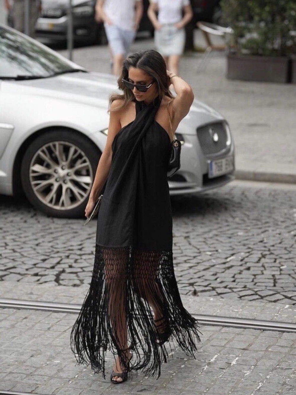 Zara Black Halter Maxi Dress with Fringe Hem